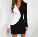 Women V Neck Long Sleeve Bodycon Blazer Dress, Black White Stripes Patchwork Slim Fashion   S254862 - TUZZUT Qatar Online Shopping