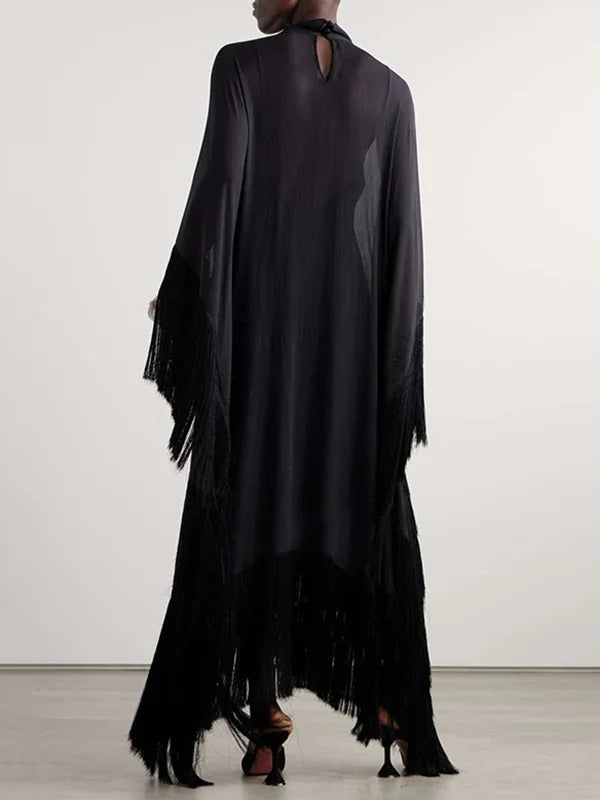 Batwing Sleeves Loose See-Through Solid Color Tasseled Mock Neck Maxi Dresses M 141909