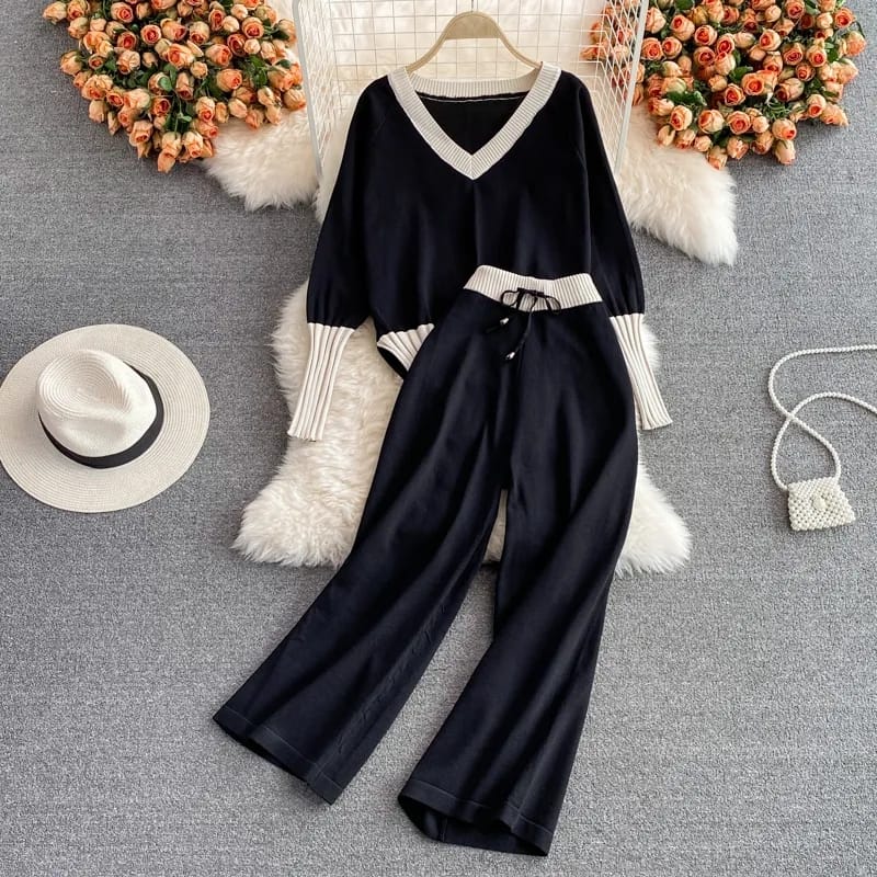 Stylish Autumn New Pant Sets Women V-neck Contrast Color Knitted Tops + Elastic High Waist Wide-leg Pants Two-piece Suit S429760 - Tuzzut.com Qatar Online Shopping
