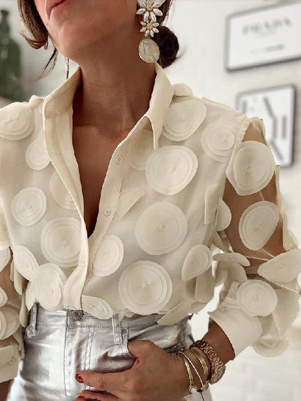 Long Sleeves Loose Buttoned Mesh Polka-Dot Split-Joint Lapel Blouses&Shirts Tops 140093 Long Sleeves Loose Buttoned Mesh Polka-Dot Split-Joint Lapel Blouses&Shirts Tops 140093