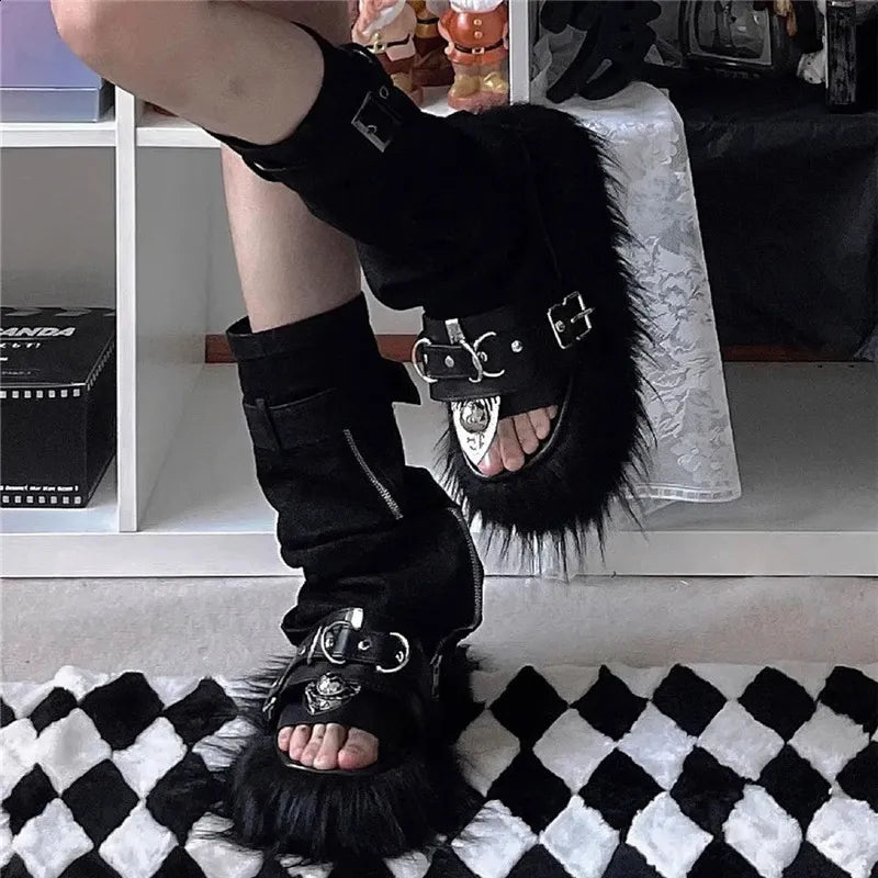 Punk Fur Metal Decor Round Toe Sandals 22823 - TUZZUT Qatar Online Shopping