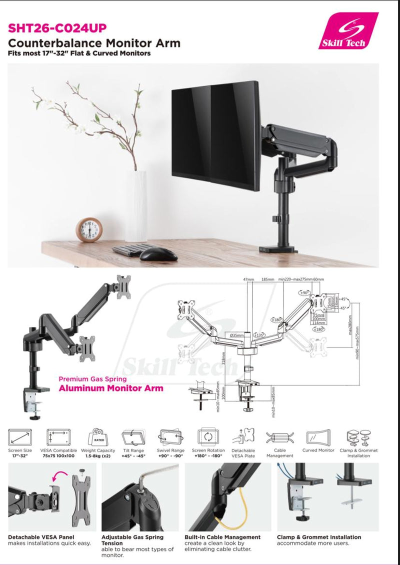 Dual Monitor Gas Spring Mount with Usb Ports - SH T26C024UP (Fits Most 17"~ 32") - Tuzzut.com Qatar Online Shopping