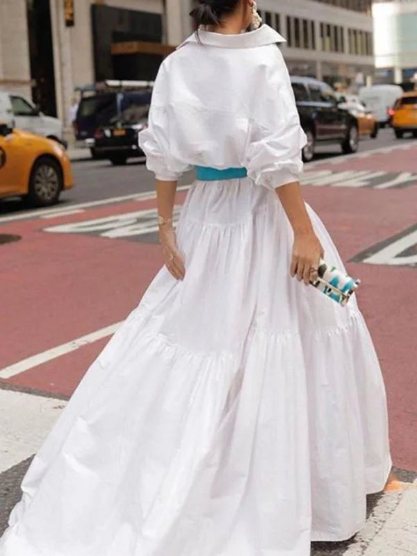 Long Sleeves Loose Belted Pleated Solid Color Lapel Maxi Dresses XL 121691 Long Sleeves Loose Belted Pleated Solid Color Lapel Maxi Dresses XL 121691