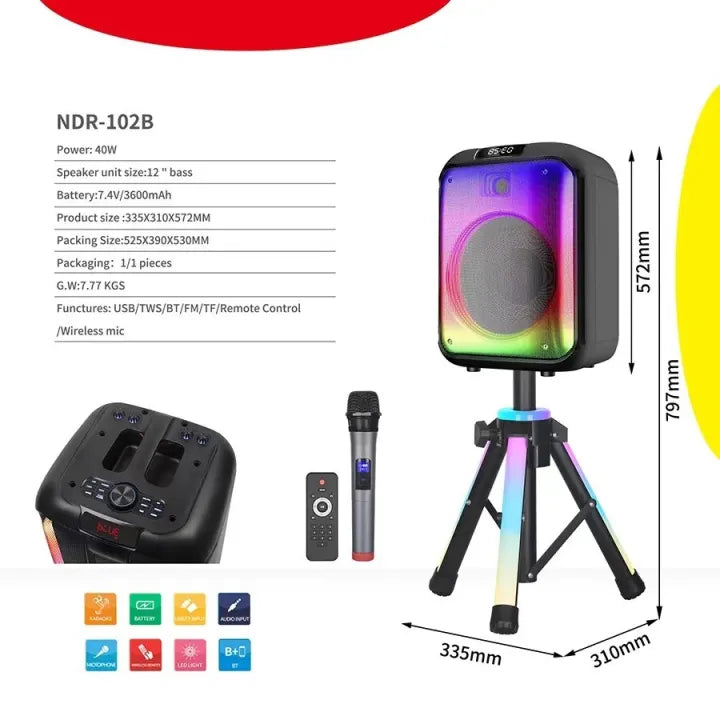 NDR 102B Portable Bluetooth Speaker Karaoke Microphone RGB Light and Tripod Stand - Tuzzut.com Qatar Online Shopping