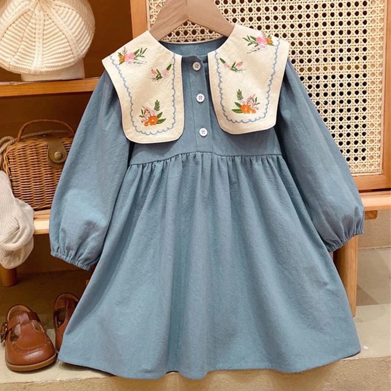 New Spring Autumn Long Sleeve Lapel Casual Dress Embroidered Kid Clothes Girl Korean Style Children Dress 2-3Y S4894034