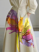 Long Sleeves Loose Floral Printed Pleated Split-Joint Tied Waist Lapel Midi Dress 155177 - TUZZUT Qatar Online Shopping