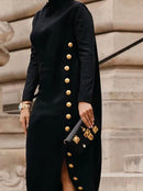 Long Sleeves Loose Asymmetric Buttoned Split-Joint Split-Side Mock Neck Maxi Dresses 173681 - TUZZUT Qatar Online Shopping