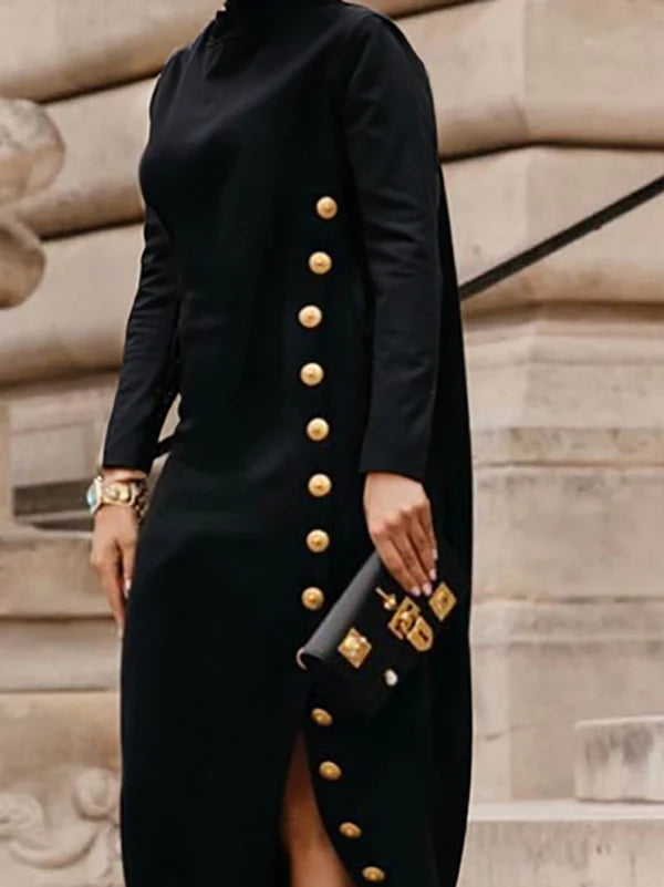Long Sleeves Loose Asymmetric Buttoned Split-Joint Split-Side Mock Neck Maxi Dresses 173681 Long Sleeves Loose Asymmetric Buttoned Split-Joint Split-Side Mock Neck Maxi Dresses 173681