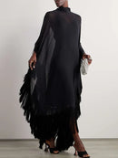 Batwing Sleeves Loose See-Through Solid Color Tasseled Mock Neck Maxi Dresses M 141909 - TUZZUT Qatar Online Shopping