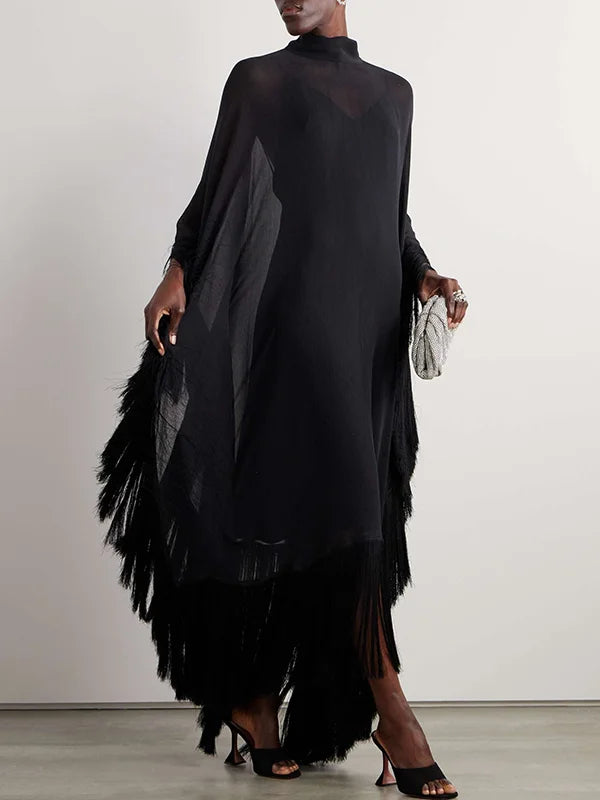 Batwing Sleeves Loose See-Through Solid Color Tasseled Mock Neck Maxi Dresses M 141909