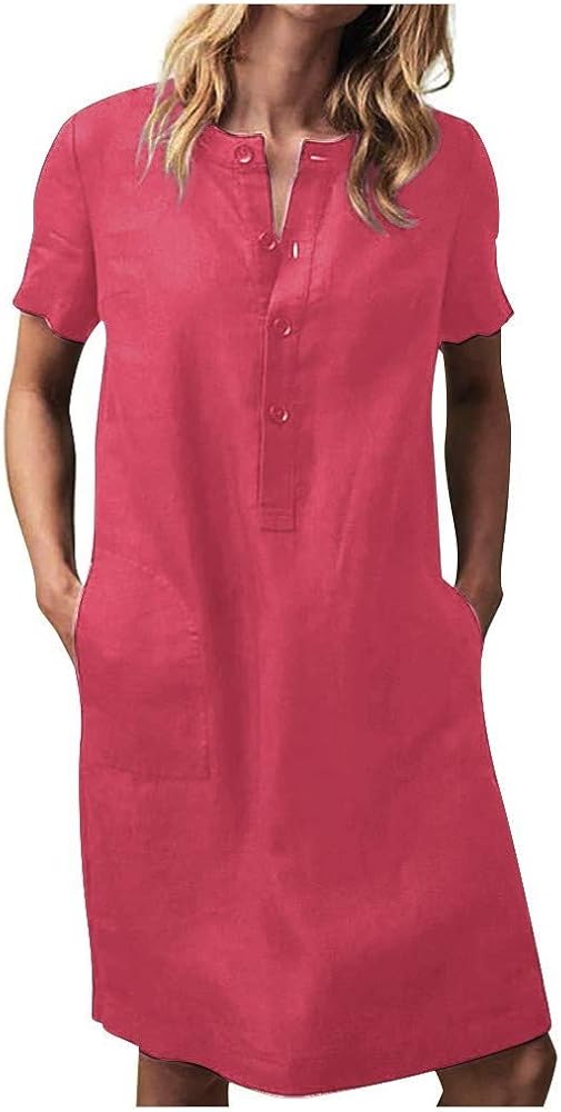 Women Collared Neck Short Sleeve Daily Button Down Shirt Dresses with Pocket B80963 Women Collared Neck Short Sleeve Daily Button Down Shirt Dresses with Pocket B80963