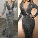 Women's Sequin Full Sling Dress V Neck Color Long Long Sexy Sleeve Solid Women's Dress B-44999 - Tuzzut.com Qatar Online Shopping