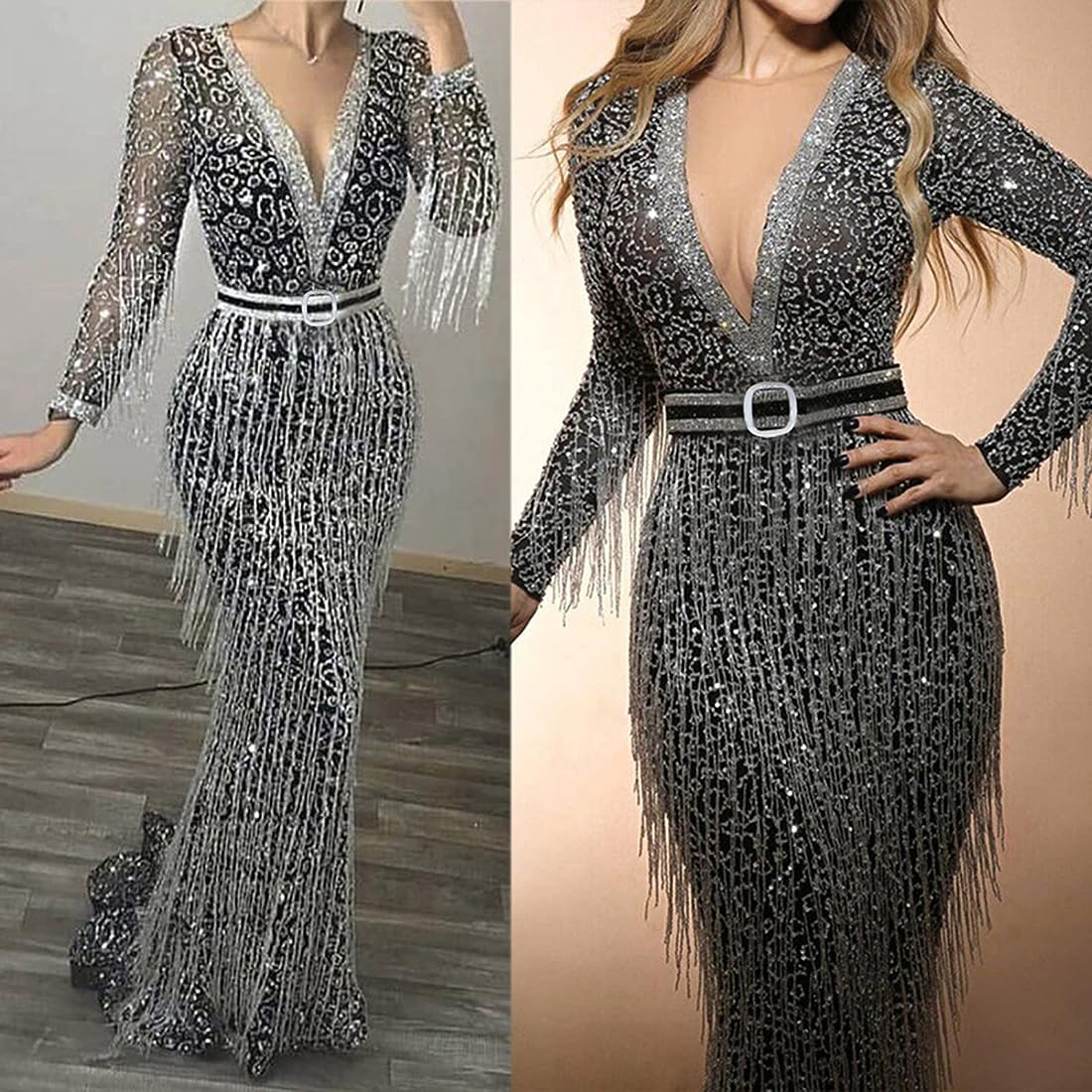 Women's Sequin Full Sling Dress V Neck Color Long Long Sexy Sleeve Solid Women's Dress B-44999 Women's Sequin Full Sling Dress V Neck Color Long Long Sexy Sleeve Solid Women's Dress B-44999
