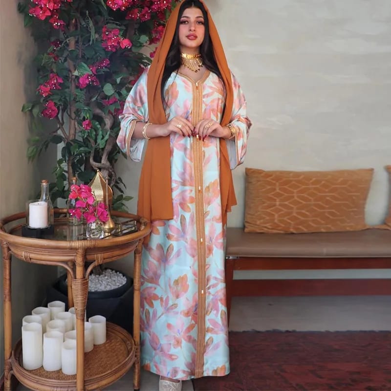 Pink Floral Hijab Dress Women Fashion Muslim Dubai Turkey Arabic Djellaba Moroccan Caftan Oman Kuwait Qatar Jalabiya S3622577