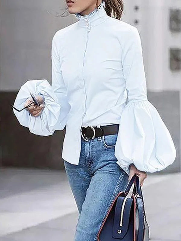 Urban Solid Color Stand Collar Puff Sleeves Blouse 92151 Urban Solid Color Stand Collar Puff Sleeves Blouse 92151