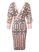 Spring Fall Vintage Print V-Neck Slim High Waist Elegant Dress L B-31666 - Tuzzut.com Qatar Online Shopping