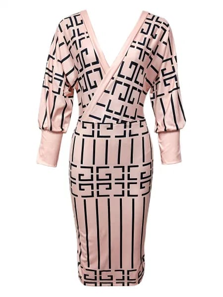 Spring Fall Vintage Print V-Neck Slim High Waist Elegant Dress L B-31666 Spring Fall Vintage Print V-Neck Slim High Waist Elegant Dress L B-31666