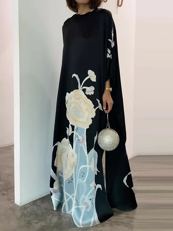 Cap Sleeve Loose Printed Round-Neck Maxi Dresses M 133499 Cap Sleeve Loose Printed Round-Neck Maxi Dresses M 133499