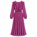 Purple Ruffle Pleated Maxi Dress with Slim Black Belt-D2