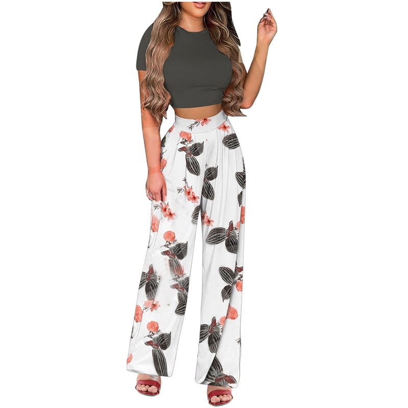 Two Piece Outfits for Women Sexy Pants Set Sexy Short Sleeve Crop Top Pants Set Summer Casual Froral Print Wide Leg Pants   B131317 - TUZZUT Qatar Online Shopping