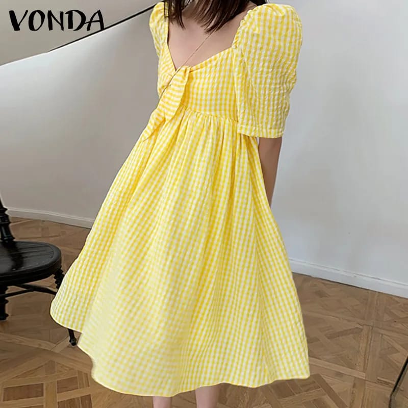 VONDA Women Elegant Shirt Dress Plaid Printed Knee Length Sundress Holiday Party Dress S4101399