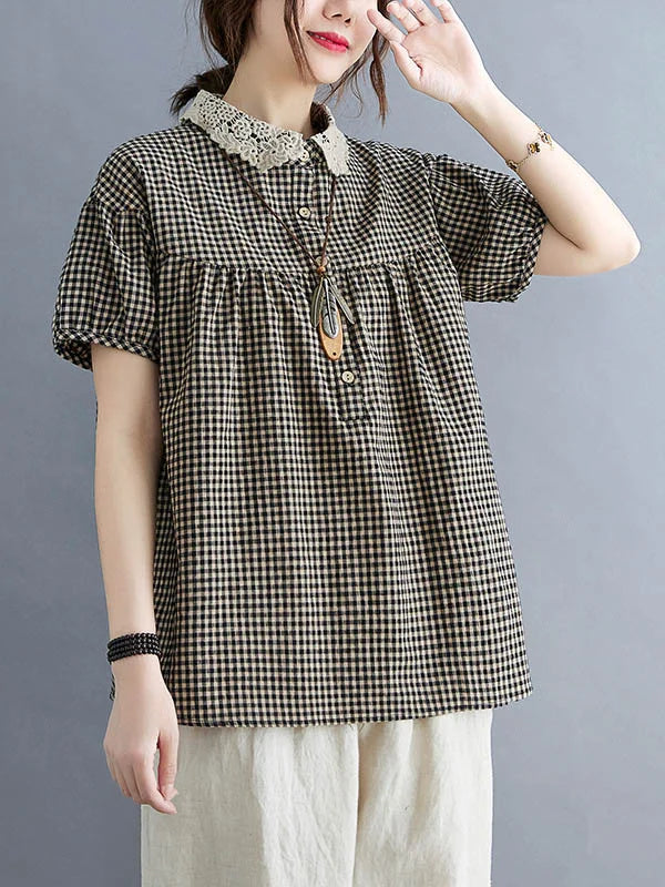 Cotton Blend Plaid Polo Puff Sleeve T-Shirts Tops 3XL 81632 Cotton Blend Plaid Polo Puff Sleeve T-Shirts Tops 3XL 81632