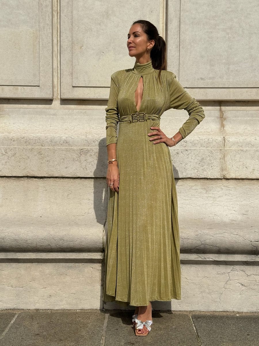 Women Spring New Deep V-neck Belted High Waist Maxi Evening Dress 141013