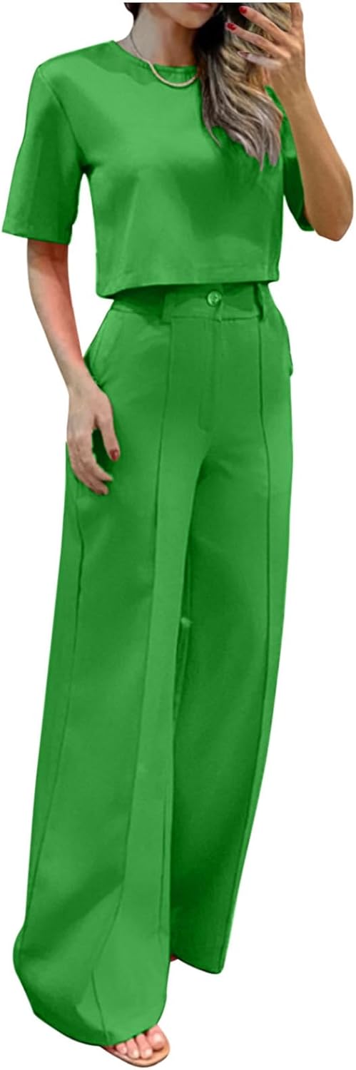 Women's 2 Piece Business Casual Outfits Solid Color Pants Sets Short Sleeve Crop Top and Wide Leg Dress Pants B306776 Women's 2 Piece Business Casual Outfits Solid Color Pants Sets Short Sleeve Crop Top and Wide Leg Dress Pants B306776