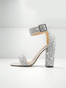 Glamorous Sequin Decoration Ankle Strap Chunky Silver Sparkly Heeled Sandal S4974417 - TUZZUT Qatar Online Shopping