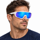 White Wraparound Sports Sunglasses with Blue Mirrored Lens-56