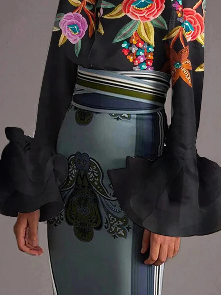 Flared Sleeves Long Sleeves Buttoned Contrast Color Flower Print Lapel Tops 141965 Flared Sleeves Long Sleeves Buttoned Contrast Color Flower Print Lapel Tops 141965