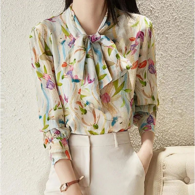 Office Lady Elegant Scarf Collar Drawstring Bow Shirt Spring Autumn Casual Button Fashion Printed Long Sleeve Korean Blouse XL S4666061