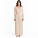 Women’s Beige V-Neck Long-Sleeve Maxi Dress with Waist Tie - S