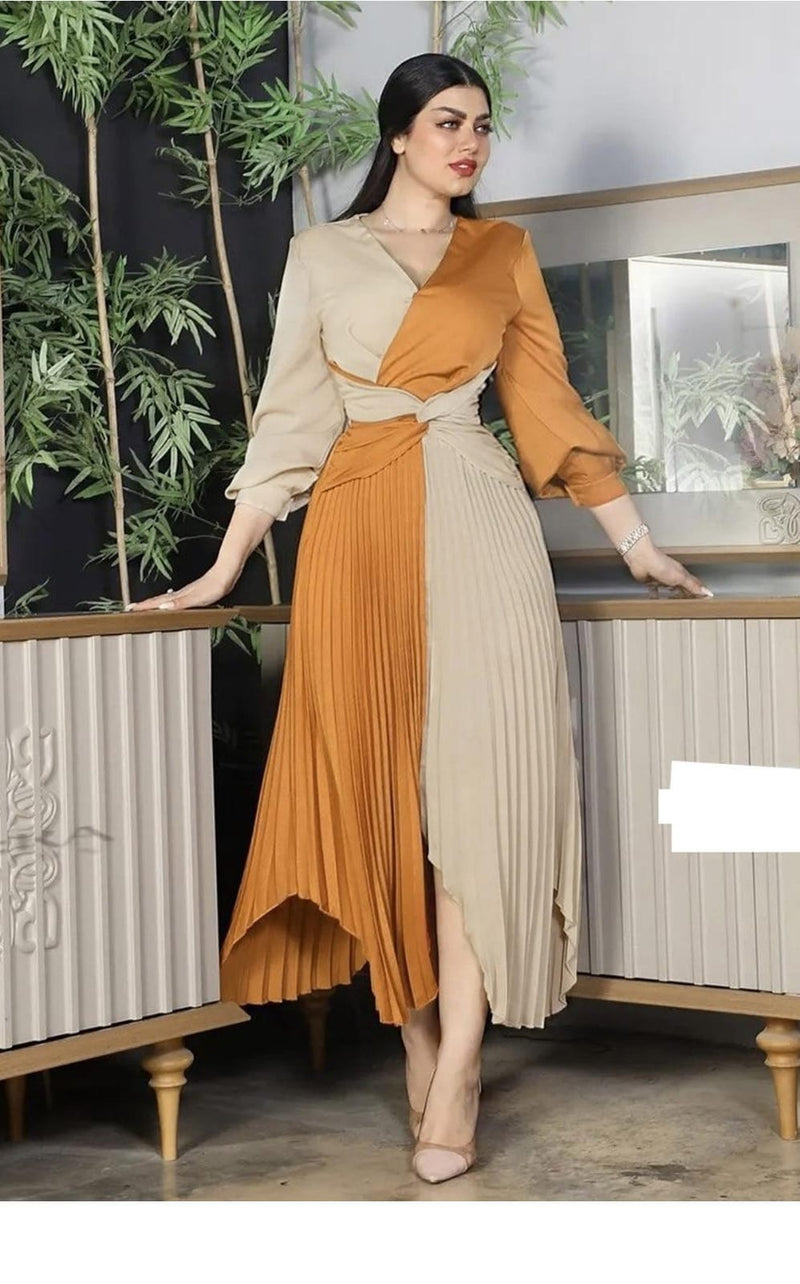 Orange Elegant Paneled Waist Satin Dress XL S4887079 - Tuzzut.com Qatar Online Shopping