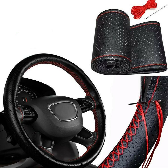 PU Leather Auto Car Steering Wheel Cover Hand Sewing Hand-stitched With Thread Needle 38cm Breathable Steering Wheel Covers - TUZZUT Qatar Online Shopping