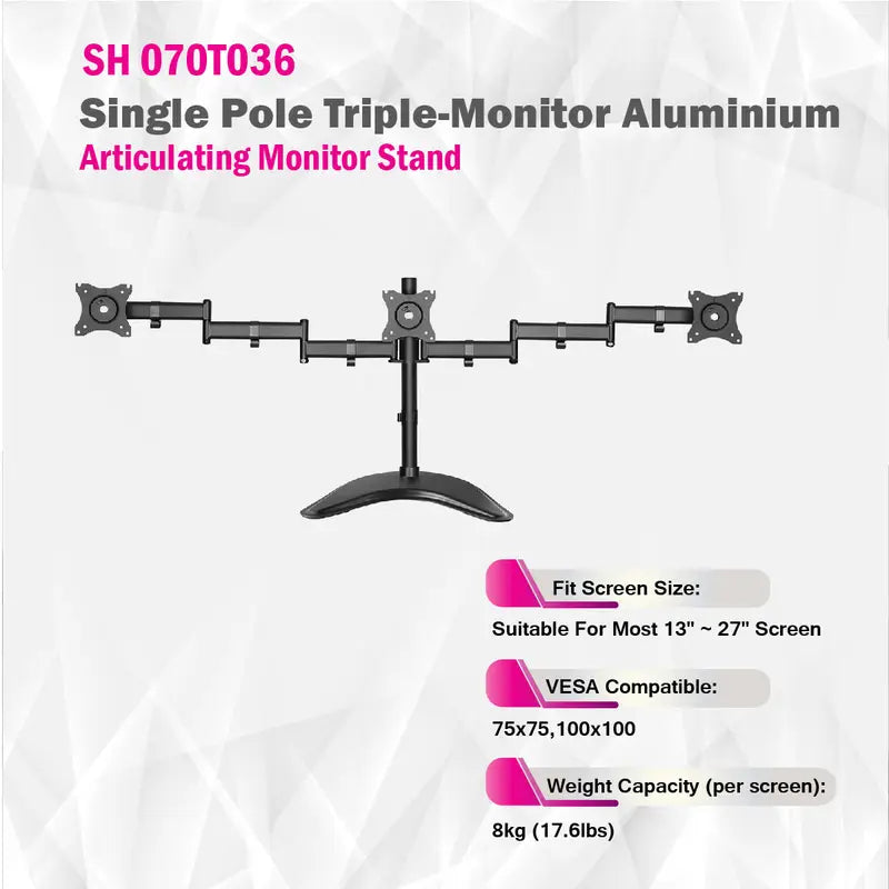Single Pole Triple-Monitor Aluminium Articulating Monitor Mount Stand - SH 070T036 (Fits Most 13" ~ 27" Screen)