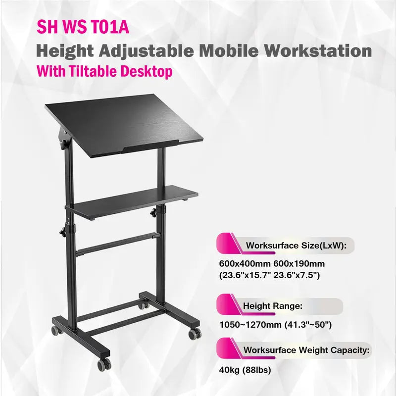 Height Adjustable Mobile Workstation With Tiltable Desktop Mount SH-WS-T01A Height Adjustable Mobile Workstation With Tiltable Desktop Mount SH-WS-T01A
