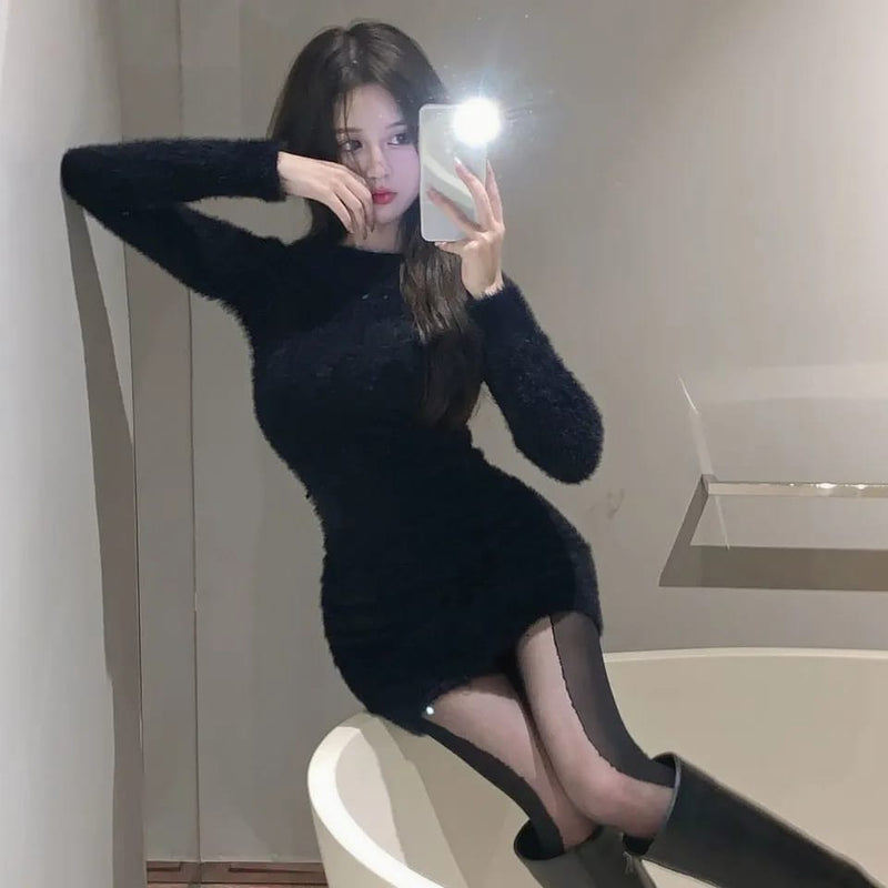 Winter Clothes Women Evening Dresses Bodycon Long Sleeve Backless Night Knit Elegant Mini Sweaters Sexy Black party Dress L S4481970 - Tuzzut.com Qatar Online Shopping