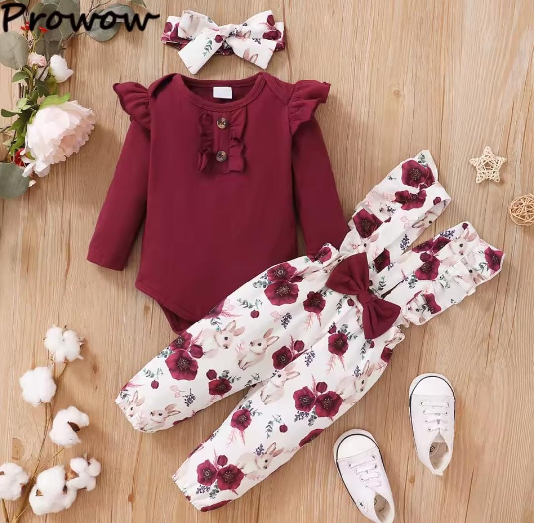 Girls Romper+Floral Rabbit Overalls Pants+Headband Sets 1378377 Girls Romper+Floral Rabbit Overalls Pants+Headband Sets 1378377