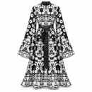 Women’s Black & White Floral Bell-Sleeve Maxi Dress with Sash - M