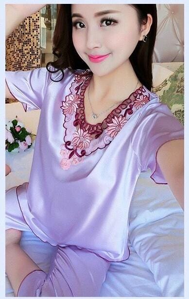 Summer Short Sleeve V-neck Women Pajamas Set Large Size Lace Home Clothes Imitation Silk Nightwear Pants Sleepwear Suit S3200848