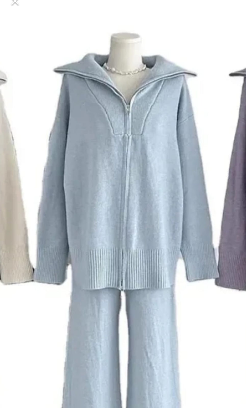 Zip up Cardigan Wide Leg Pants 2 piece Knit Set KS706 - TUZZUT Qatar Online Shopping