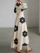 Long Sleeves Loose Contrast Color Floral Printed Pleated Tied Waist Lapel Shirt Dress 127769