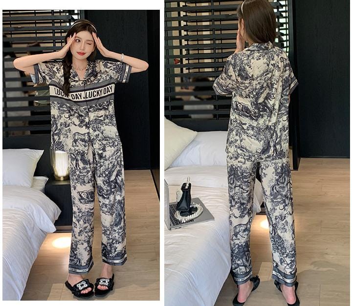 3Piece Women's Like Silk Pajamas Sets Short-Sleeve Tops With Shorts & Long Trousers Print Sleepwear Home Ladies Pijamas L X4987049 - Tuzzut.com Qatar Online Shopping