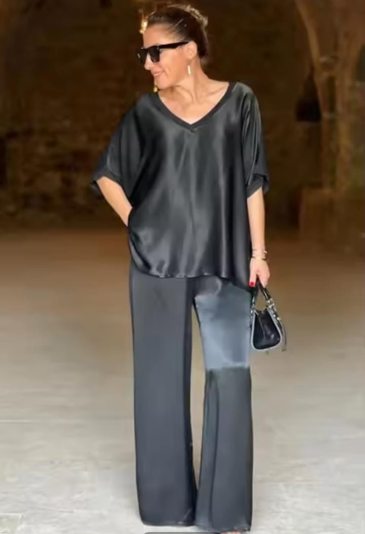 Women's V-Neck Bat Sleeve Casual Loose Wide Leg Pants Set Solid Homewear Summer 2 Way Trousers Sets B264661 Women's V-Neck Bat Sleeve Casual Loose Wide Leg Pants Set Solid Homewear Summer 2 Way Trousers Sets B264661