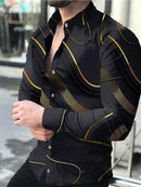 Men'S Long Sleeve Printed Shirt,Mens Button Down Shirts Golden Lines Pattern Shirt     S443980 - TUZZUT Qatar Online Shopping