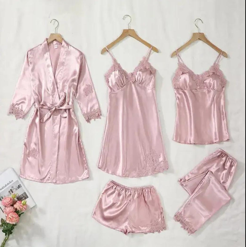 5PCS/SET Silk Robe Sleep Suit Womens Lace Satin Pajamas Gown Set V-Neck Nighties Wear Pijama Home Nightwear Spring Nightdress S4898598