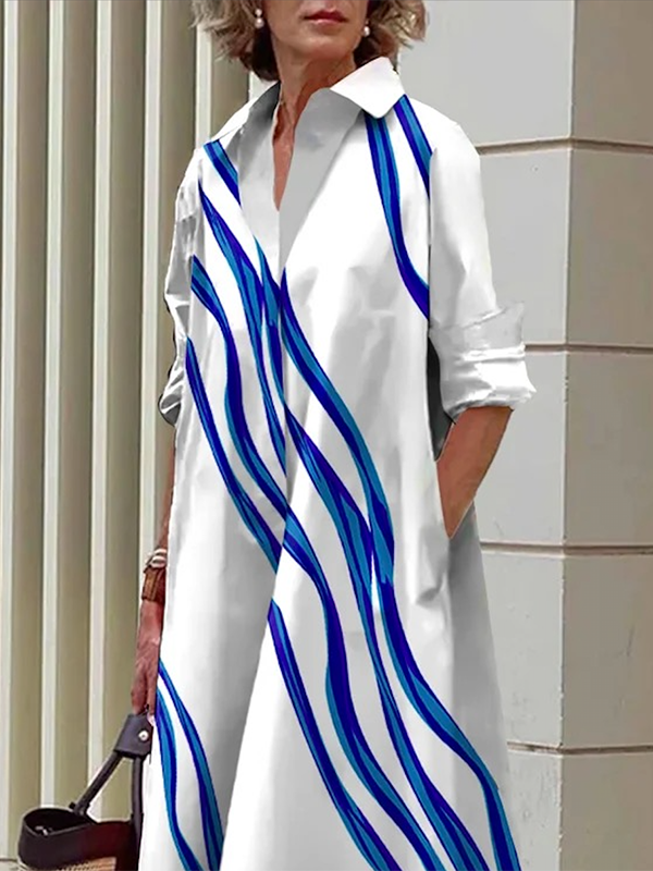Loose Three-Quarter Sleeves Buttoned Striped Lapel Collar Midi Dresses M 125793 Loose Three-Quarter Sleeves Buttoned Striped Lapel Collar Midi Dresses M 125793