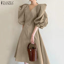 Stylish V neck Dress Women's Summer Sundress ZANZEA Casual Puff Sleeve Mid-calf Vestido Female Solid Holiday Robe S4098767 - Tuzzut.com Qatar Online Shopping