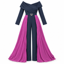 Size -M Women’s Navy Off-Shoulder Jumpsuit with Purple Pleated Overlay 5045902
